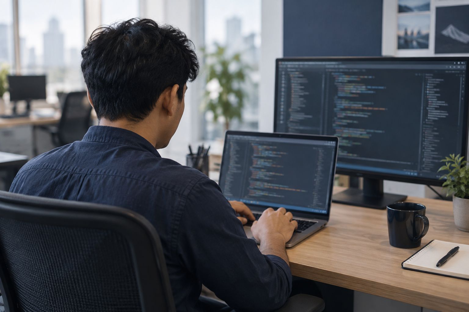 AI-generated illustration of an engineer working at a laptop and monitor.