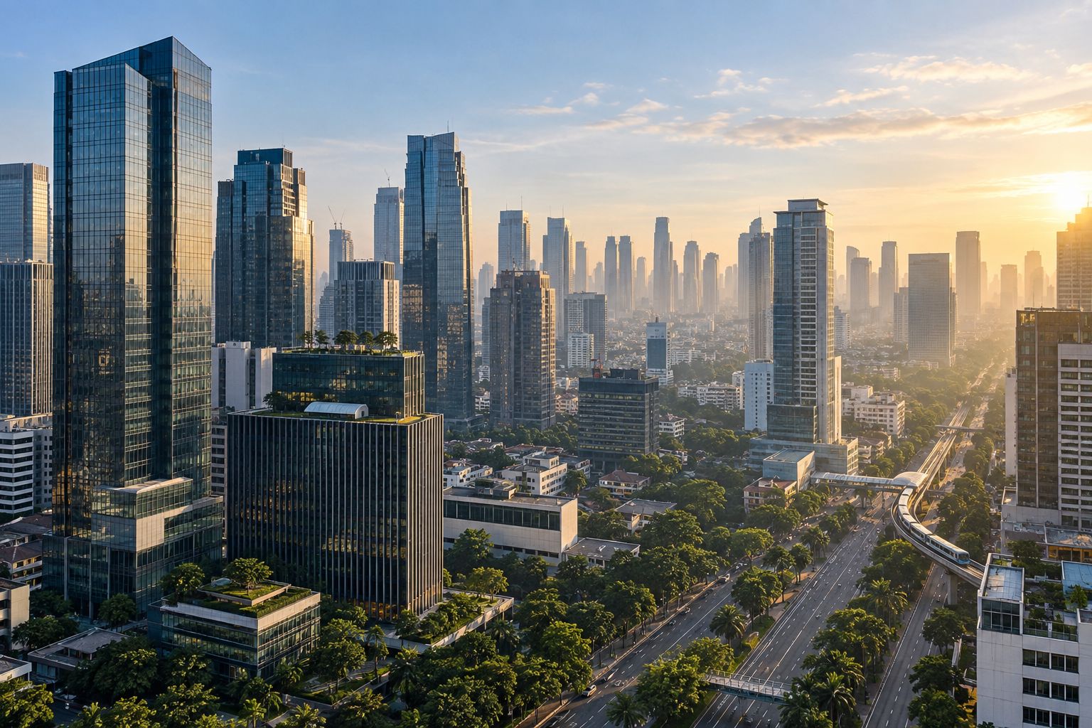 AI-generated cityscape inspired by Jakarta, with morning light across office towers.