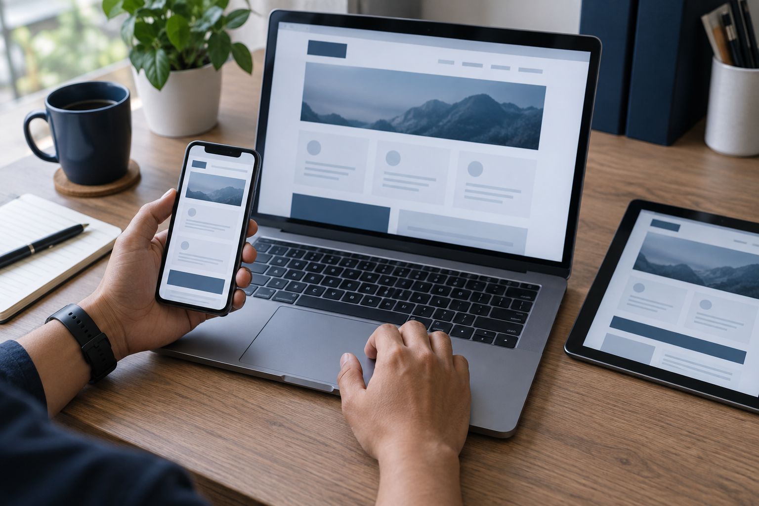 AI-generated illustration of a tester comparing an application on a laptop, phone, and tablet.